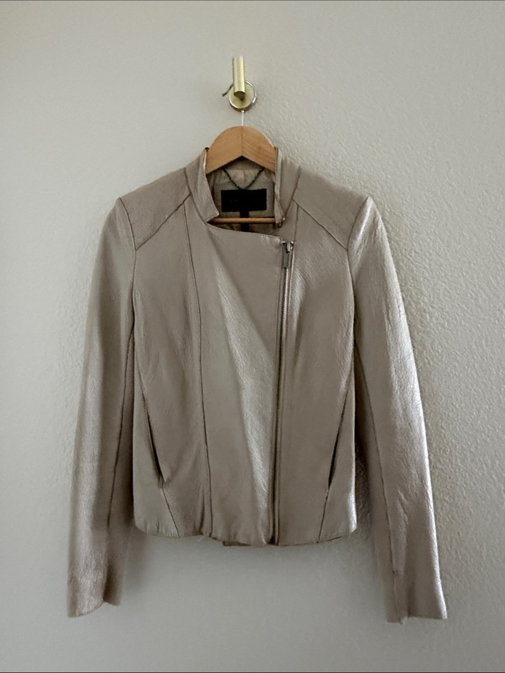 BCBG Taupe Pebbled Leather Asymmetrical Moto Jacket